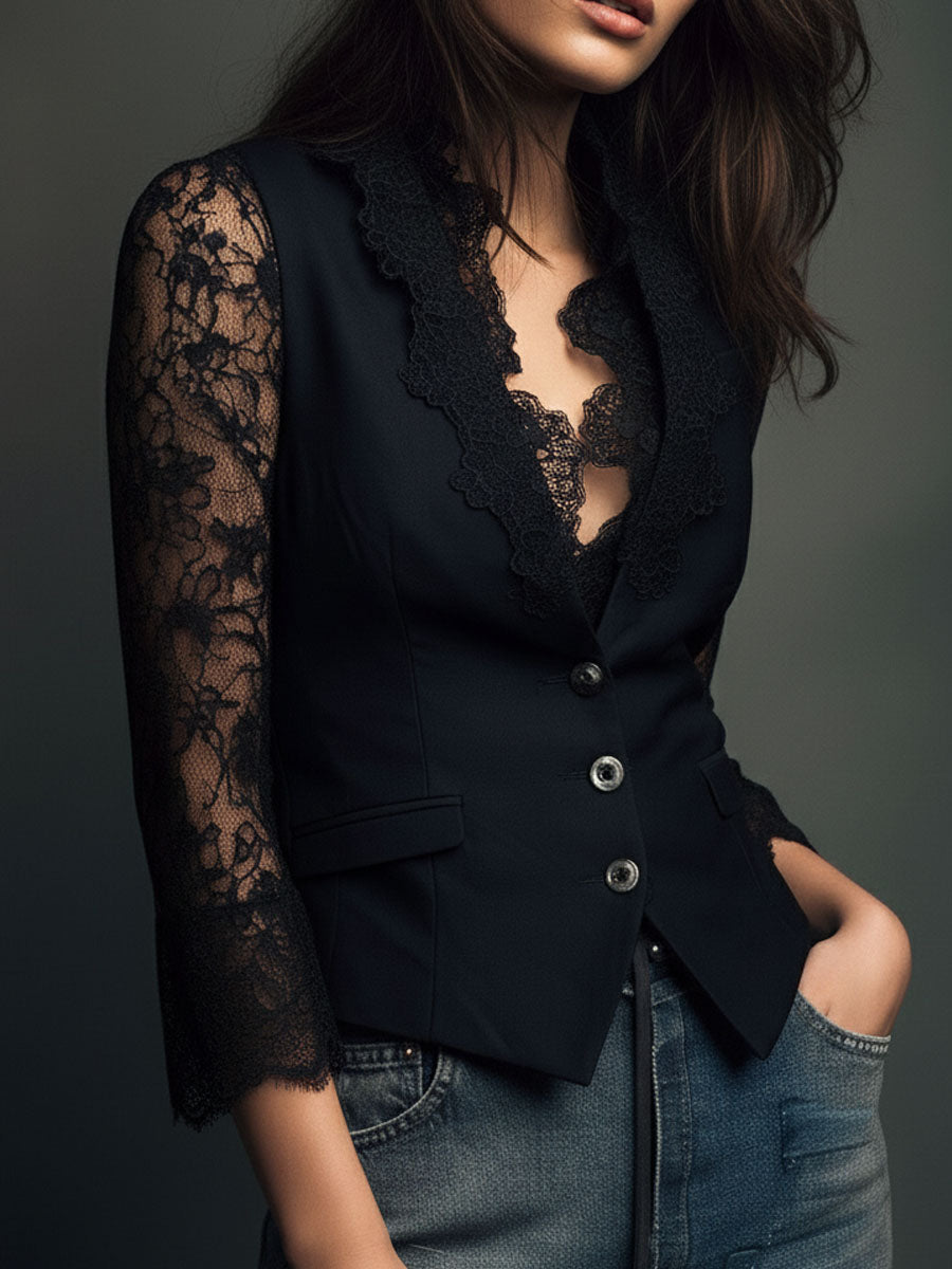 Noémie | High-Neck Black Blazer with Semi-Sheer Sleeves