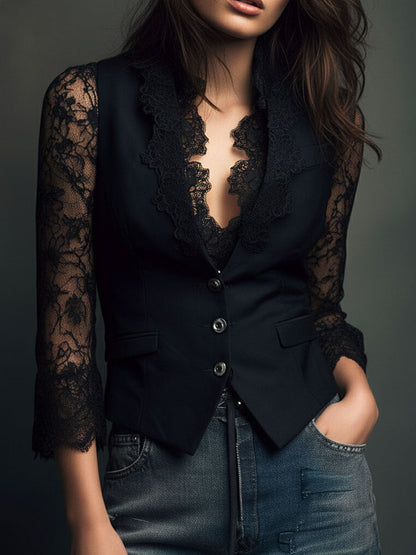 Noémie | High-Neck Black Blazer with Semi-Sheer Sleeves