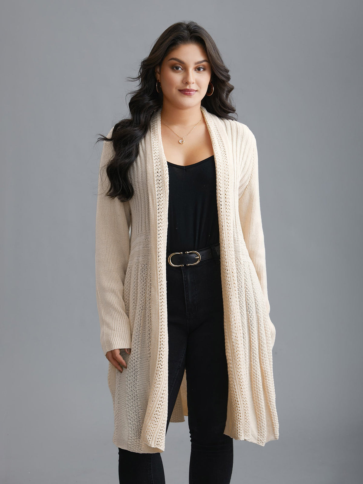 Textured Kimono Collar Long Cardigan