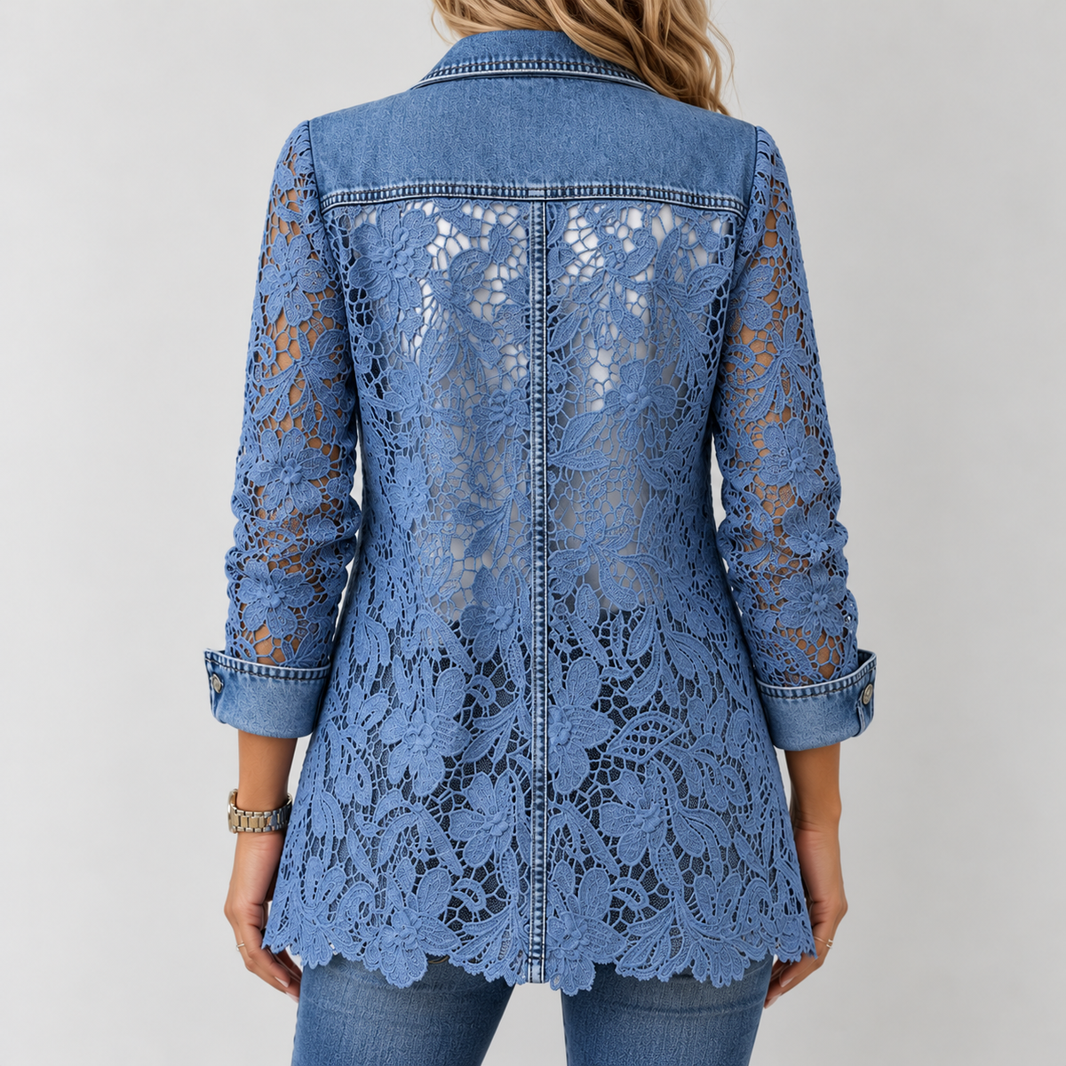 Evelyn Floral Lace Denim Blazer