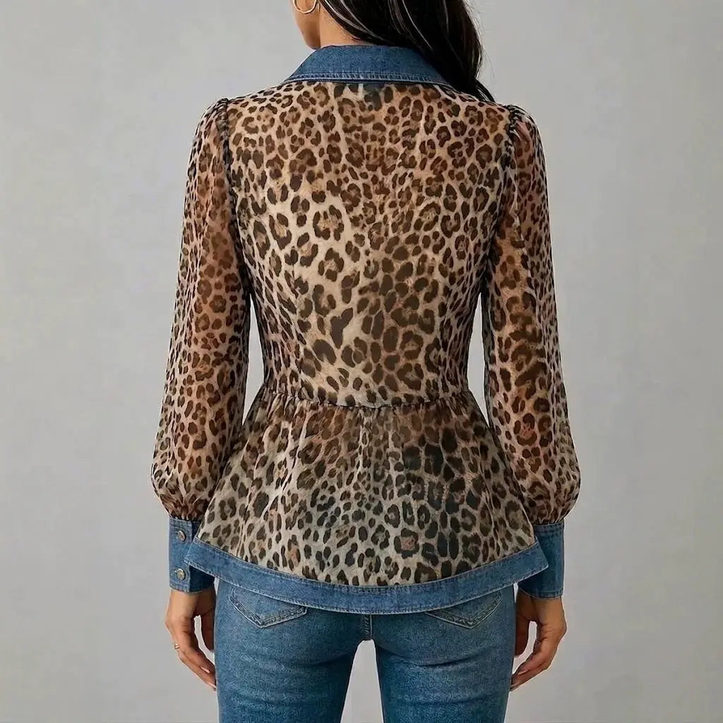 Harper Leopard Denim Peplum Blouse
