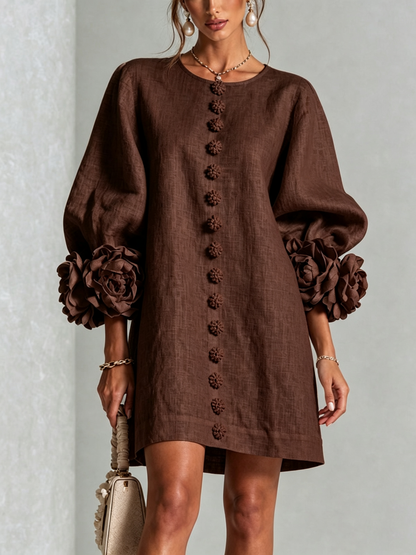 Linen-Blend Mini Dress with Cuffs