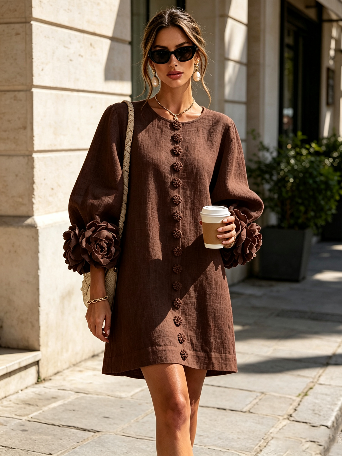 Linen-Blend Mini Dress with Cuffs