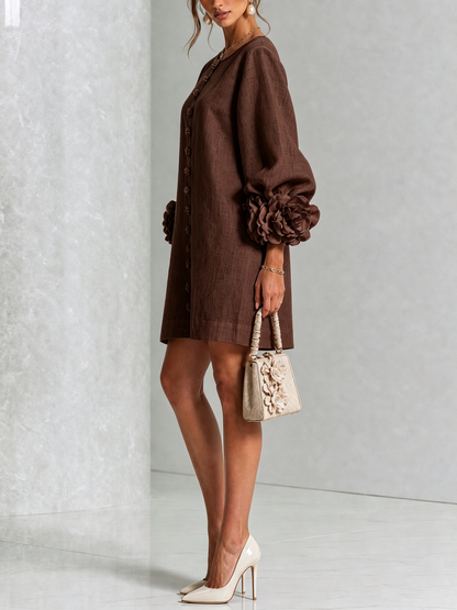 Linen-Blend Mini Dress with Cuffs