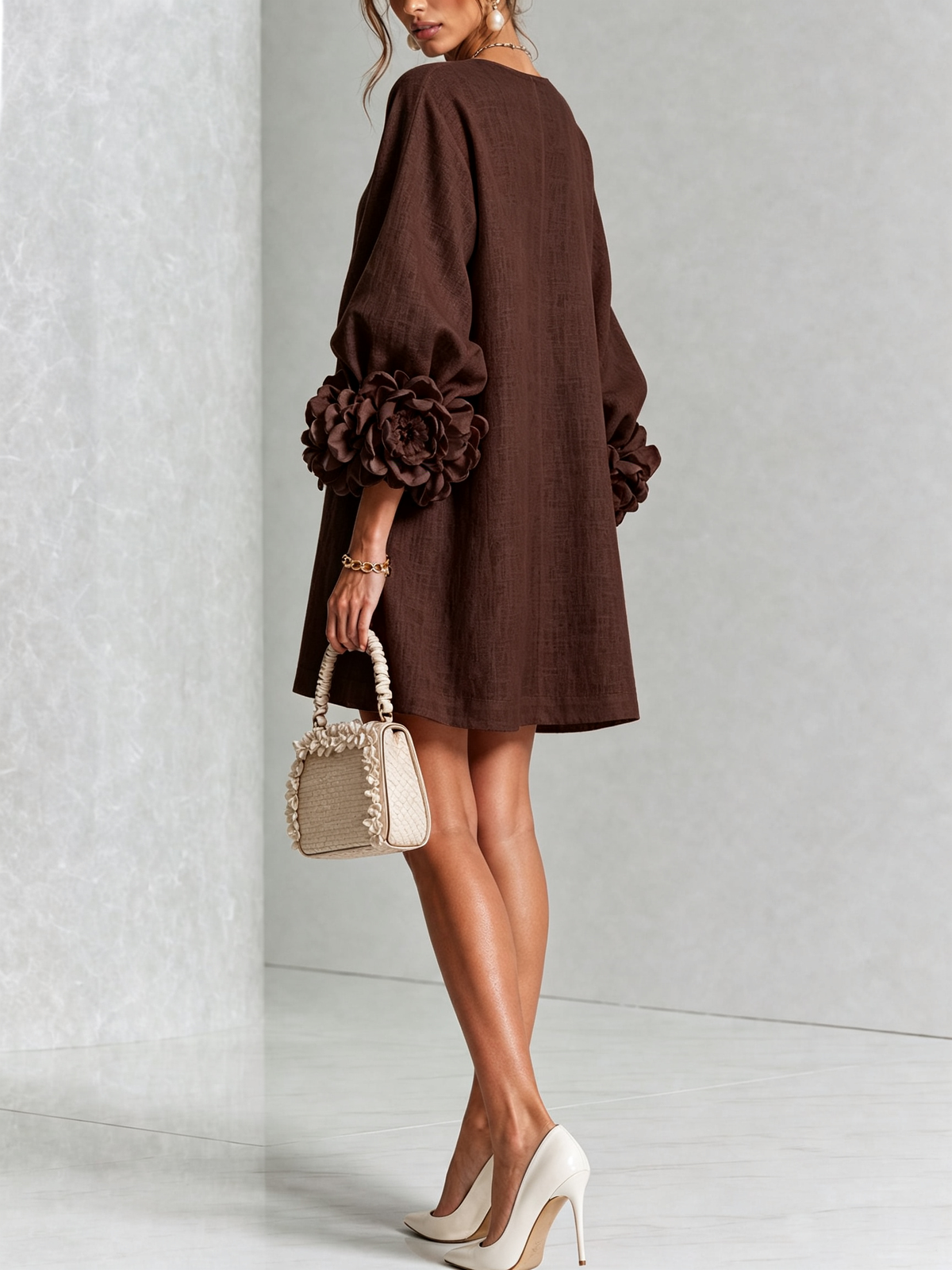 Linen-Blend Mini Dress with Cuffs