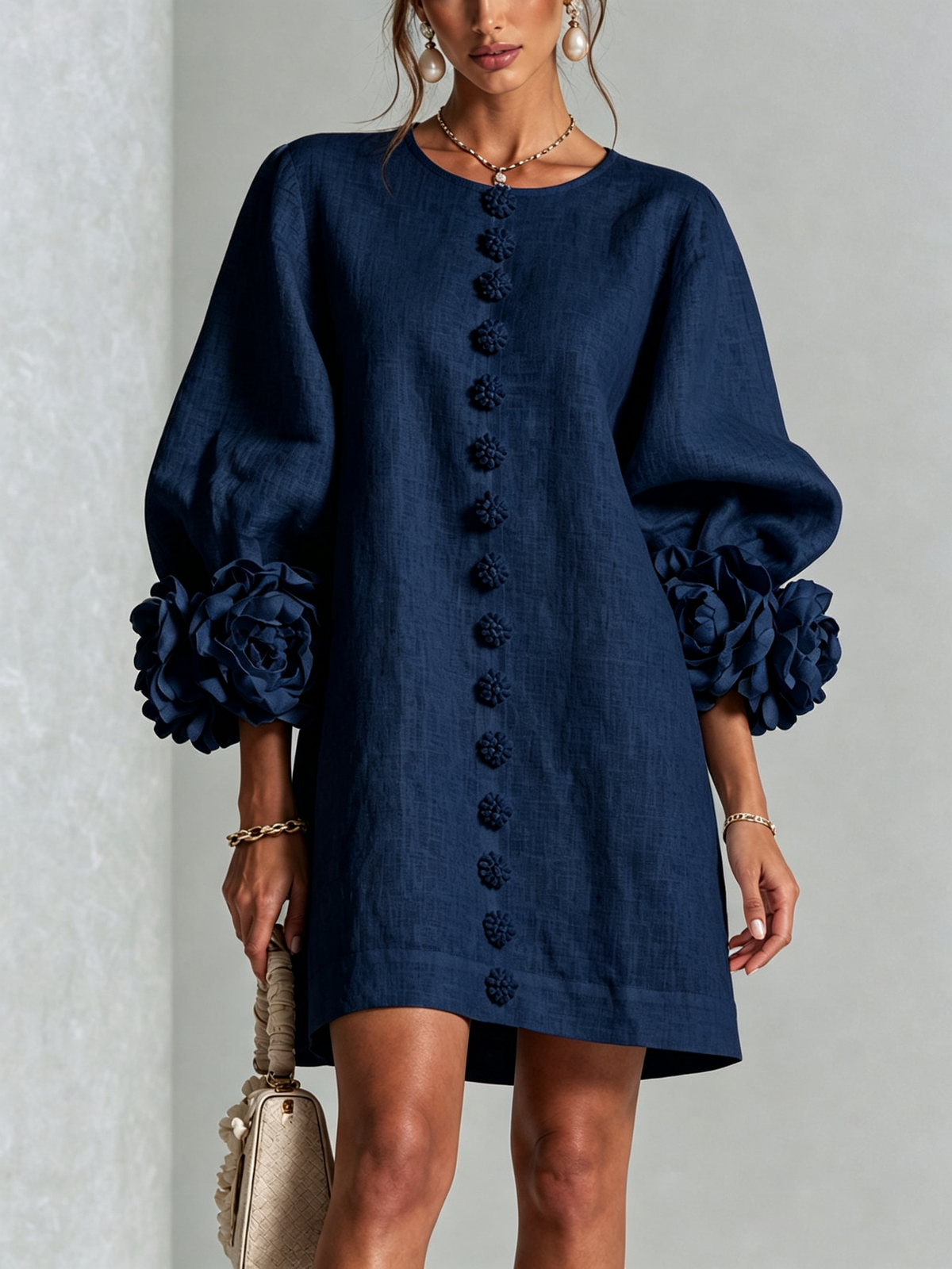Linen-Blend Mini Dress with Cuffs