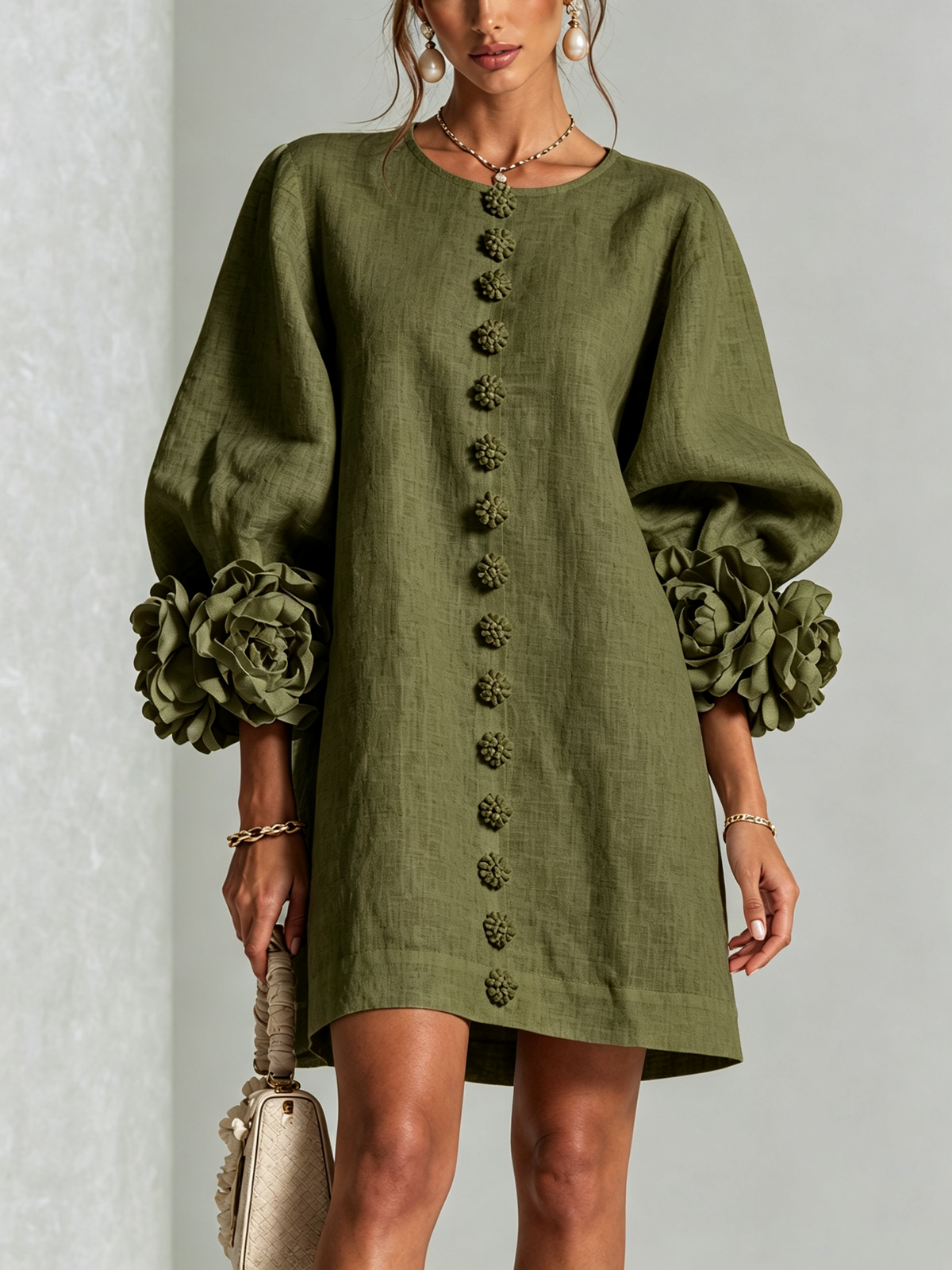 Linen-Blend Mini Dress with Cuffs