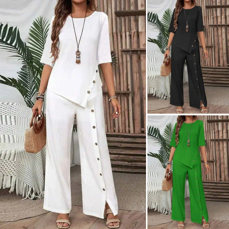 Women's Irregular Hem Top & Wide Leg Pants Two-Piece Set