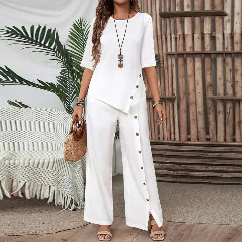 Women's Irregular Hem Top & Wide Leg Pants Two-Piece Set
