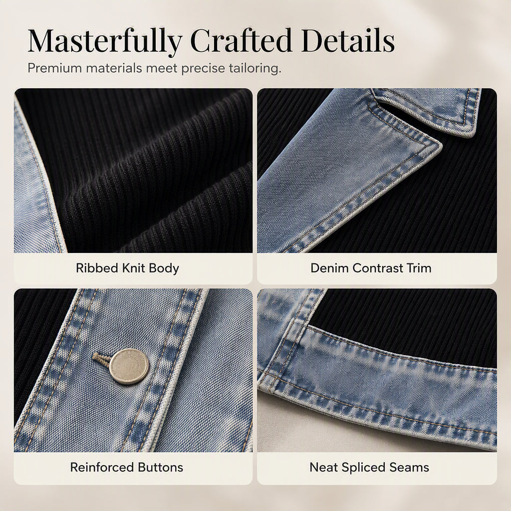 Greta™ Elegant Denim Jacket with Knit Inserts