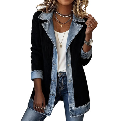 Greta™ Elegant Denim Jacket with Knit Inserts
