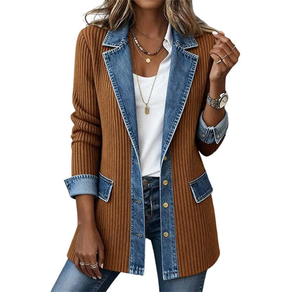Greta™ Elegant Denim Jacket with Knit Inserts