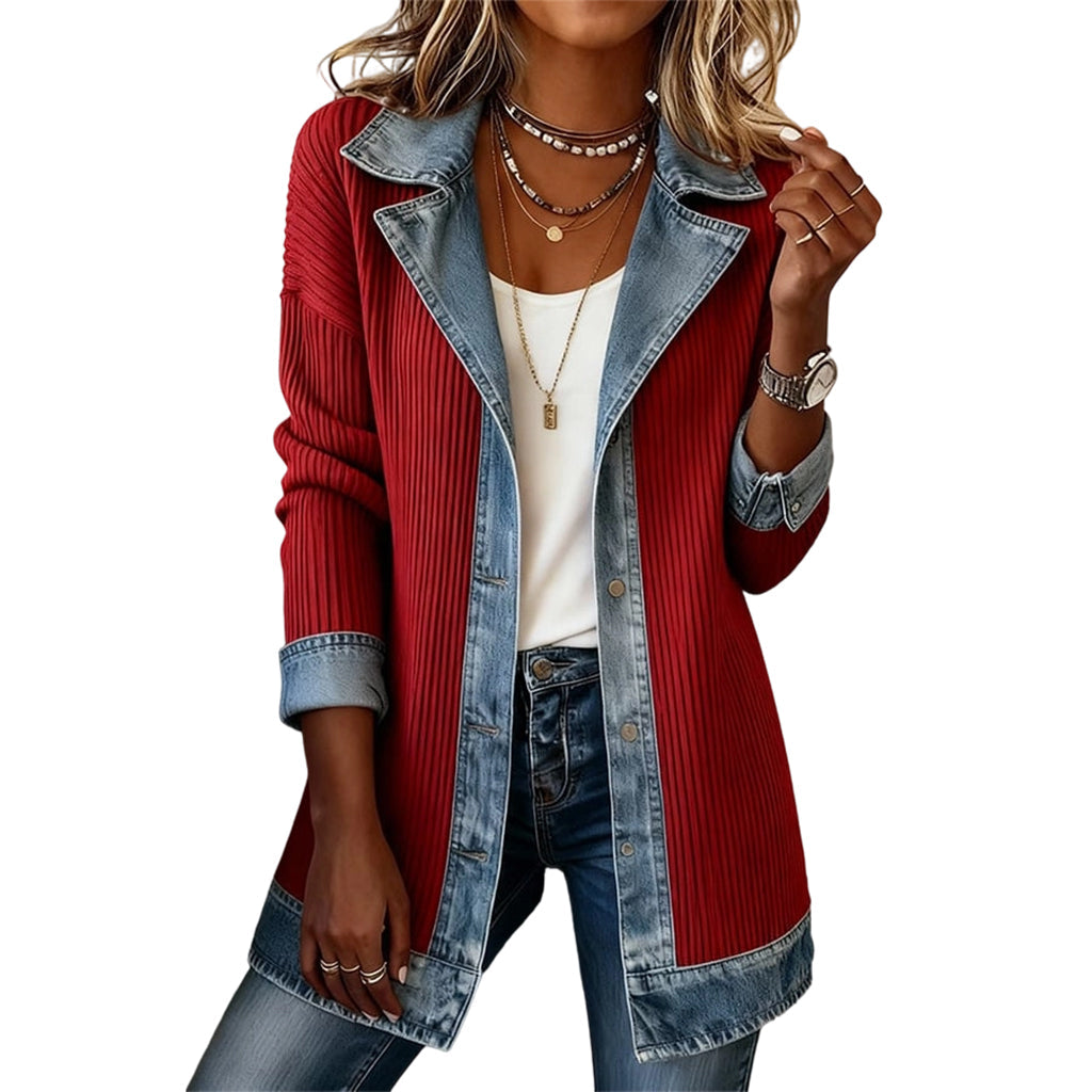 Greta™ Elegant Denim Jacket with Knit Inserts
